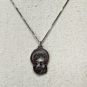 Sterling Silver Jesus Face‎ Pendant Necklace Religious Christianity Christ